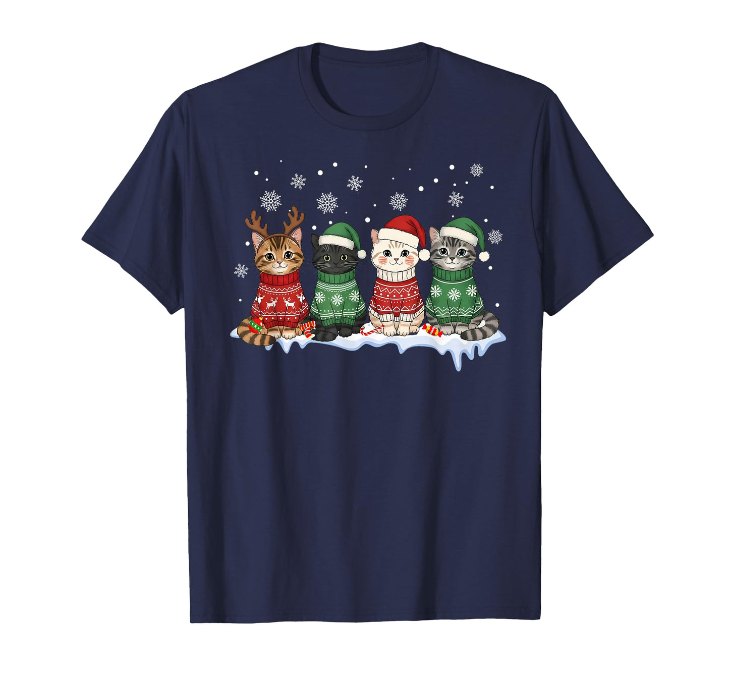 Cat Christmas Light Reindeer Santa Christmas Cat T-Shirt