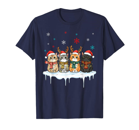 Cute Christmas Cats Lights Santa Hats Xmas Matching Family T-Shirt