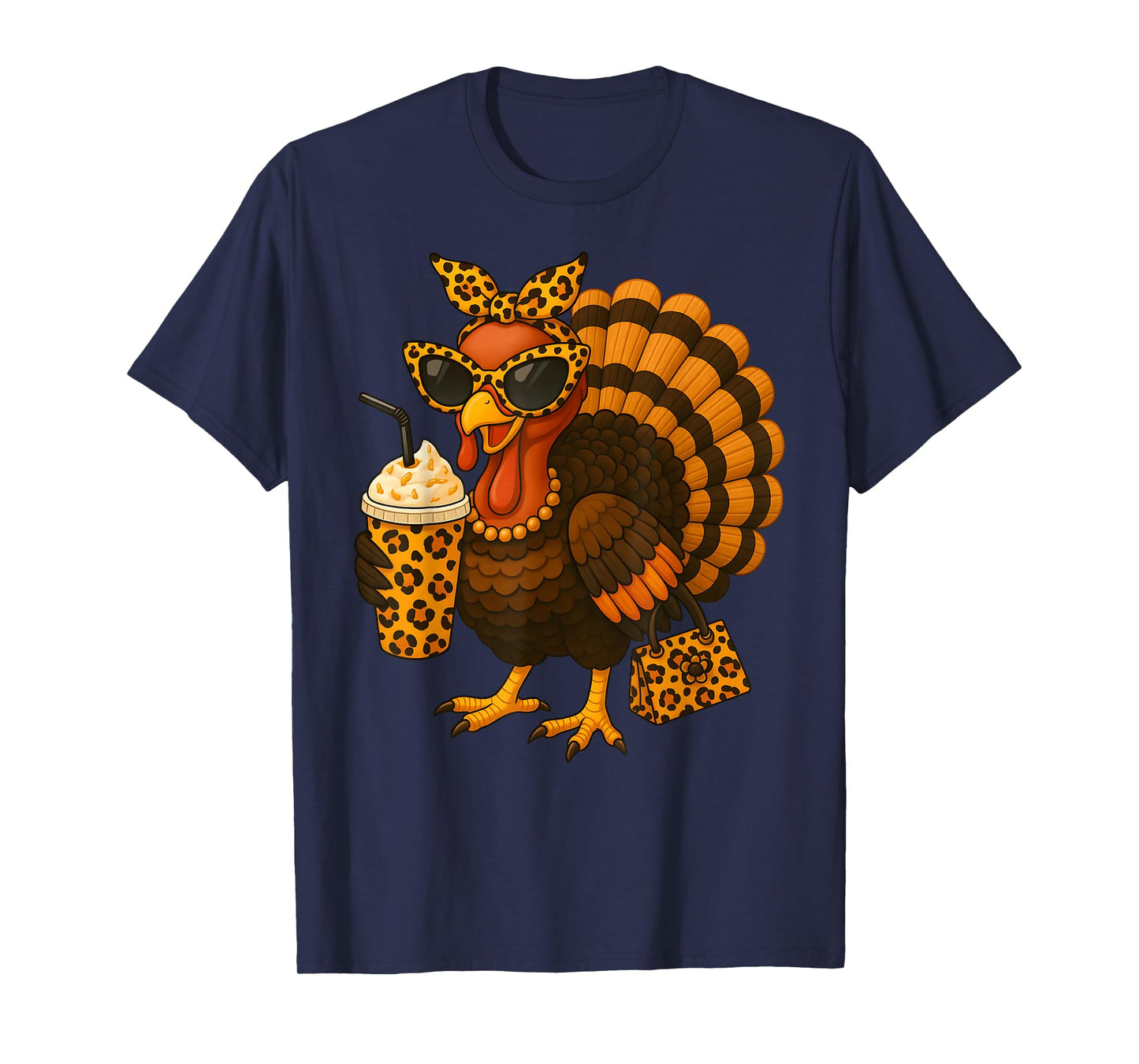 Thanksgiving Turkey Drinking Coffee Leopard Women Girl T-Shirt