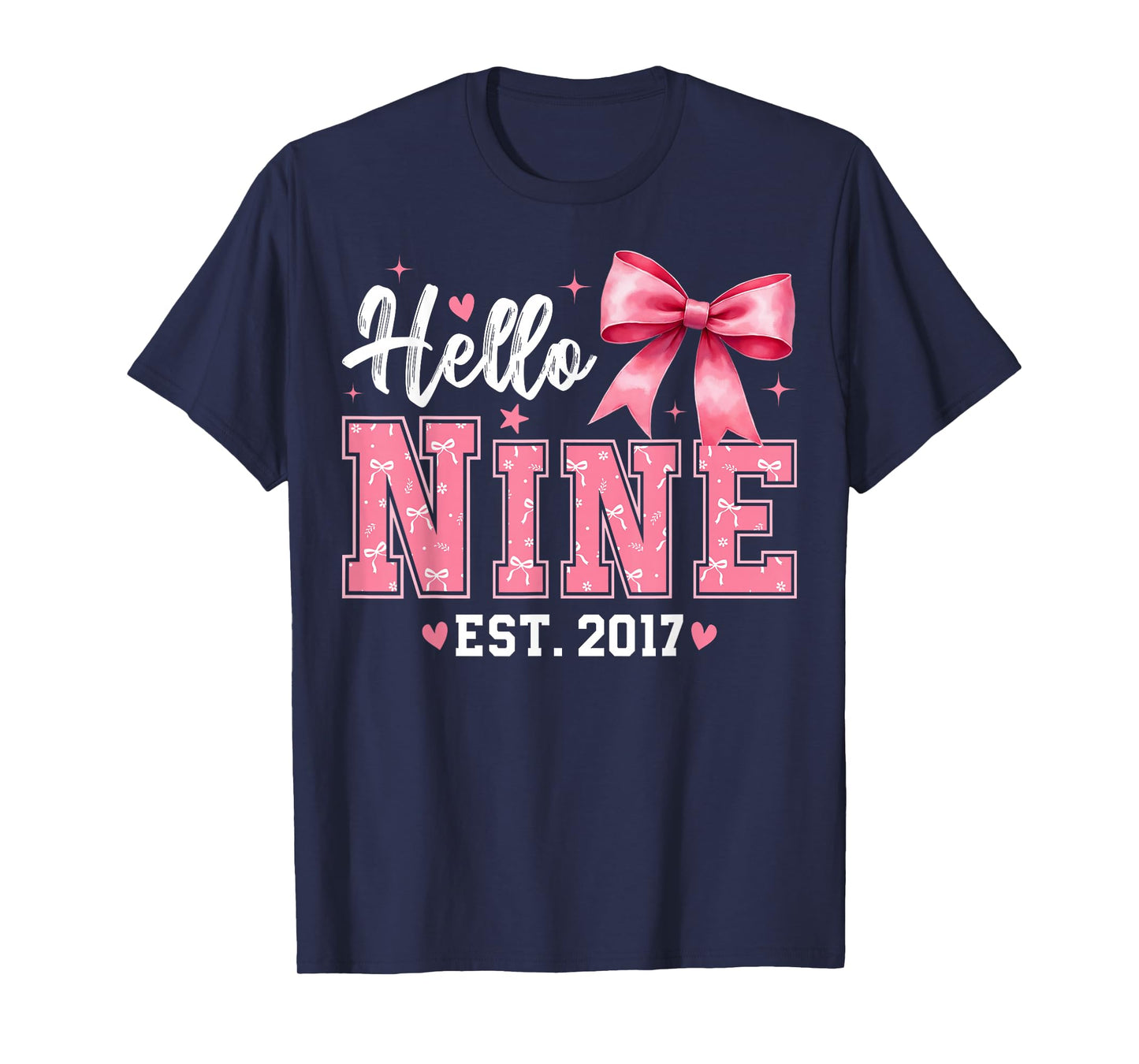 Hello Nine Est 2017 Coquette Bow 9th Birthday Girl T-Shirt