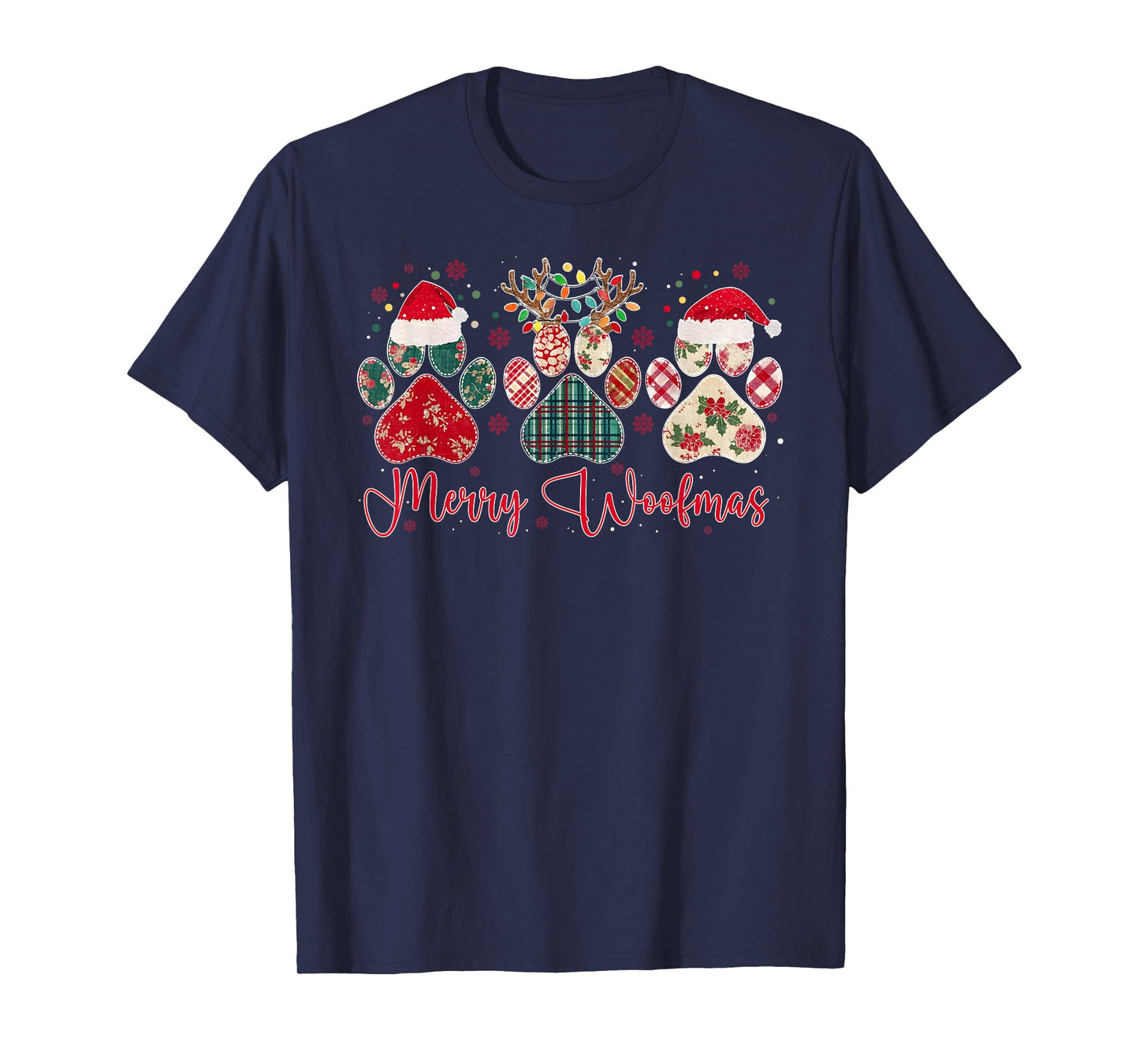 Merry Woofmas Christmas Dog Paws Buffalo Plaid Xmas Lights T-Shirt