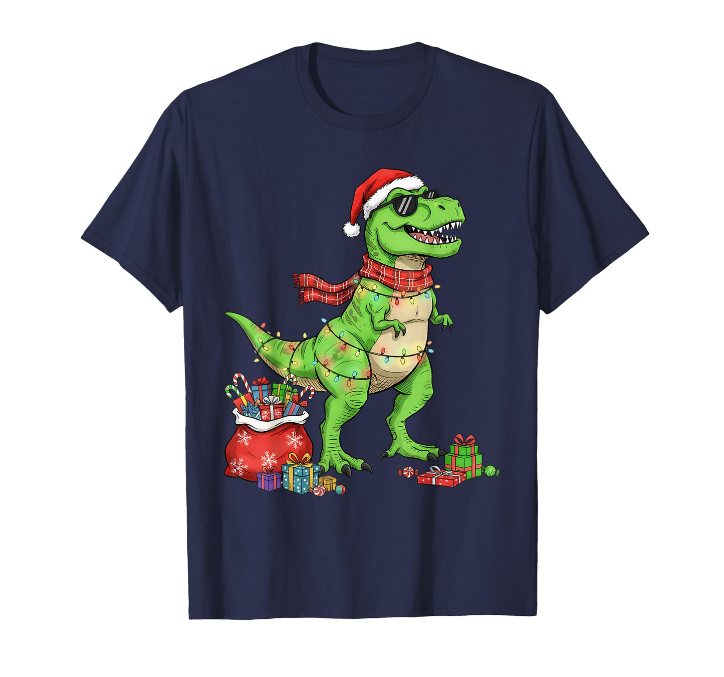 Tree T Rex Santa Hat Funny Christmas Lights Kids Boys Xmas T-Shirt