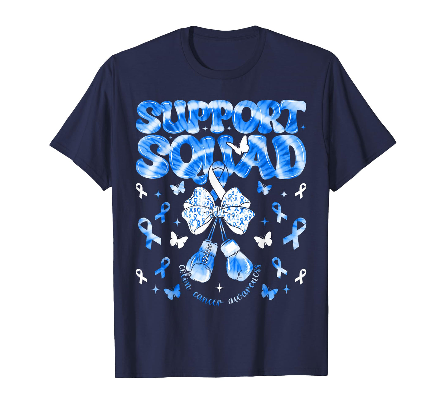 Colon Cancer Awareness Support Squad Blue Ribbon Bow Tie Dye T-Shirt