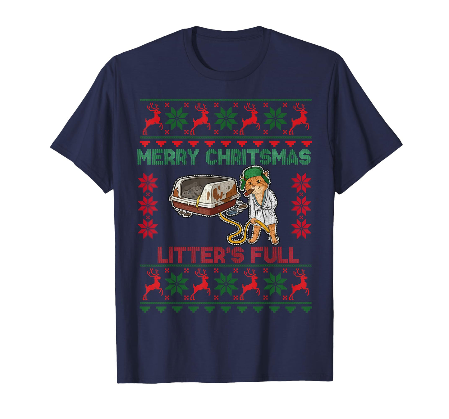 Litter's Full Merry Christmas Funny Cat Lover Ugly Christmas T-Shirt