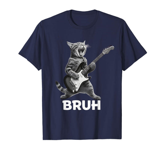Bruh Cat Playing Guitar Rock Classic Funny Men Women Kid T-Shirt