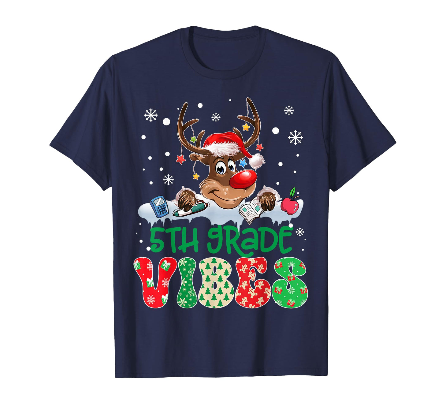 Reindeer Santa Hat 5th Grade Vibes Teacher Christmas Kids T-Shirt