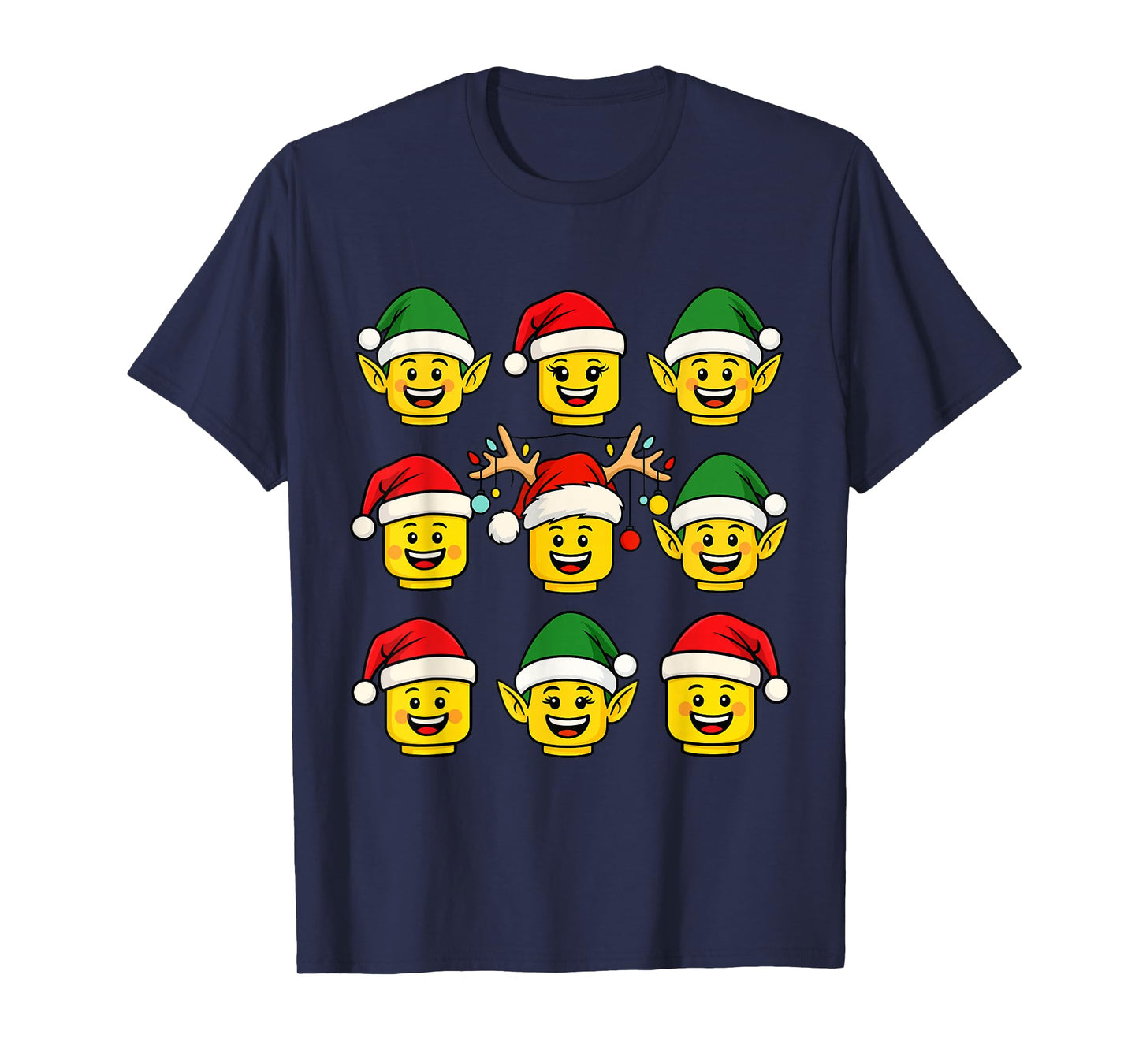 Christmas Building Bricks Santa Elf Reindeer Heads Block T-Shirt