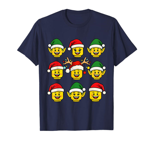 Christmas Building Bricks Santa Elf Reindeer Heads Block T-Shirt