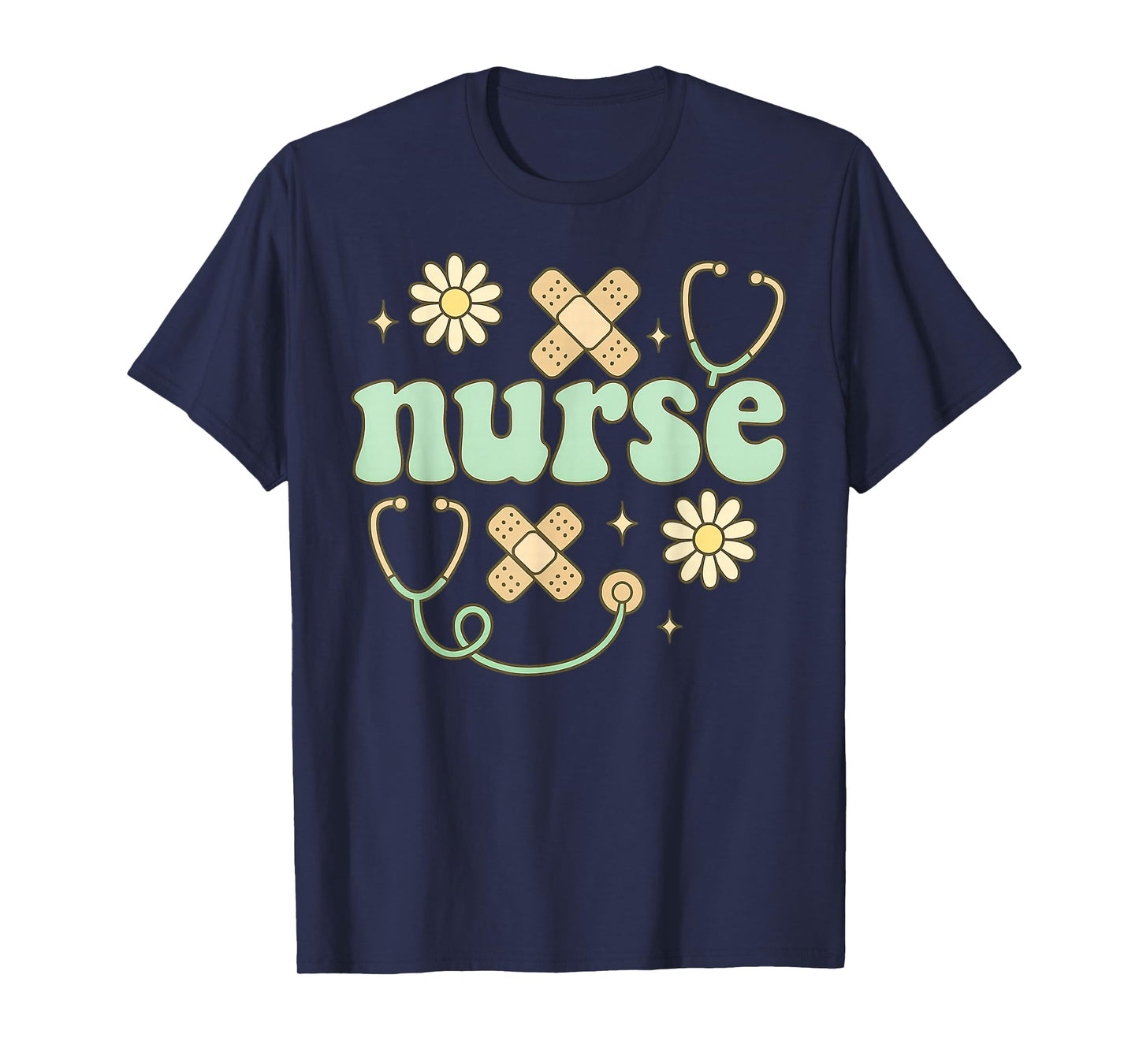 Retro Nurse Daisy Bandage Stethoscope Medical Art T-Shirt