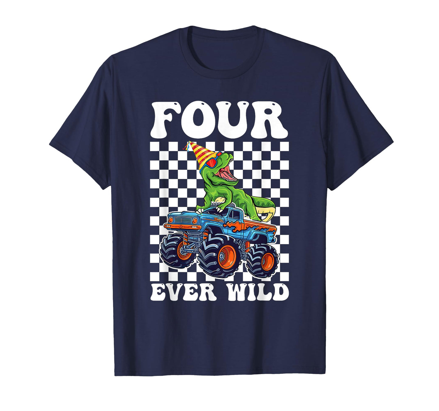 Kids Four Ever Wild Dinosaur Monster Truck 4th Birthday Boy T-Shirt
