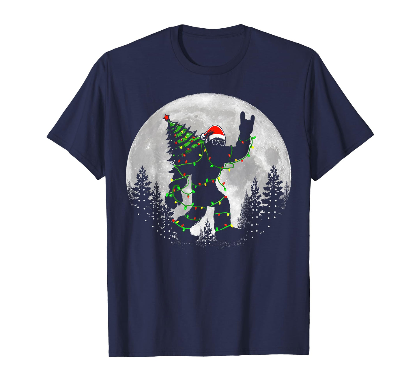 Santa Bigfoot Christmas Tree Xmas Lights Funny Sasquatch T-Shirt
