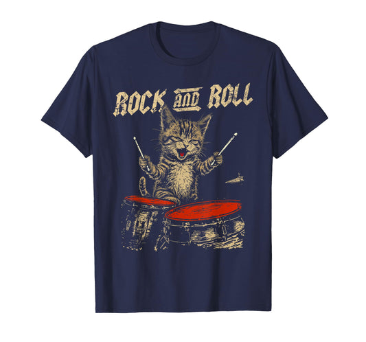 Rock and Roll Funny Cat Playing Drum for Men Women Kid T-Shirt
