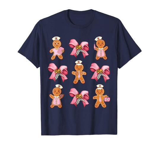 Pink Nurse Gingerbread Christmas Coquette Bows Nursing Pjs T-Shirt