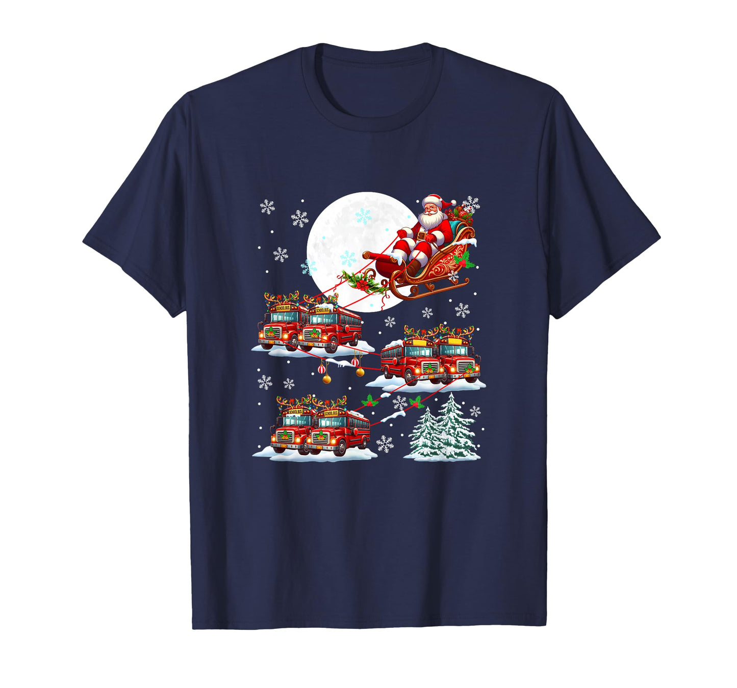 Santa Sleigh Reindeer School Buses Matching Driver Christmas T-Shirt