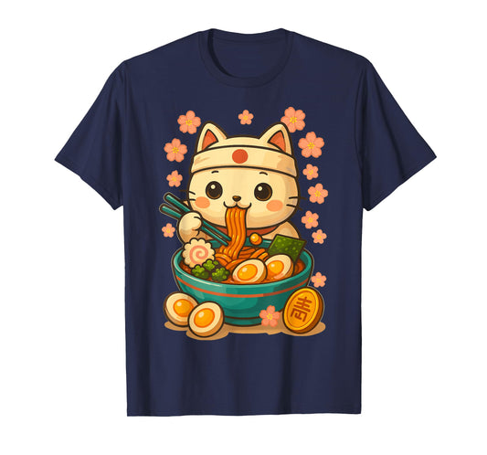 Lucky Maneki Neko Cat with Ramen Bowl T-Shirt