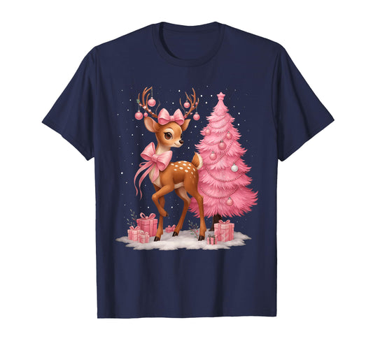 Pink Reindeer Coquette Bow Christmas Tree Pajamas Girl Women T-Shirt