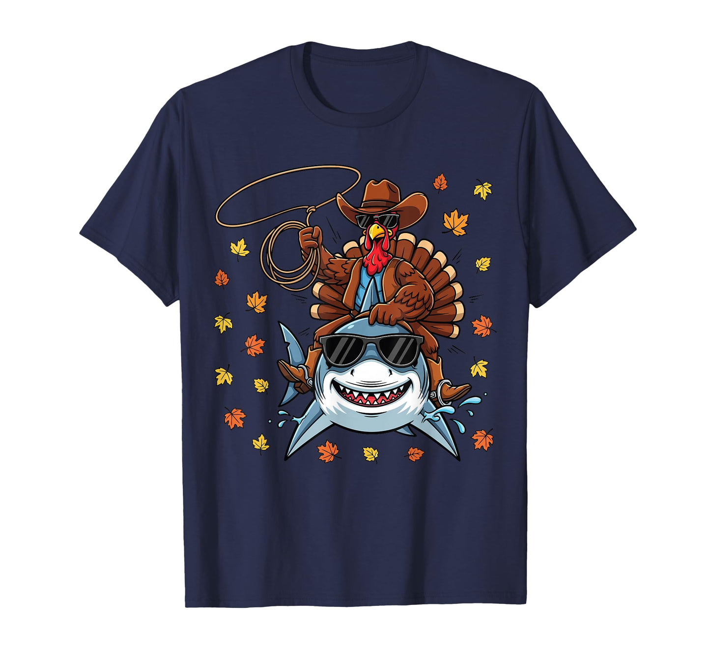 Funny Thanksgiving Cowboy Costume Turkey Riding Shark Kids T-Shirt