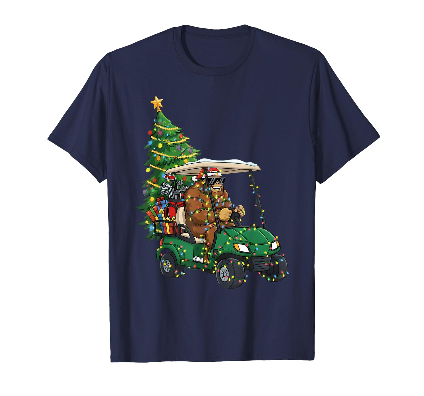Bigfoot Christmas Golf Cart Lights Sasquatch Xmas Golfing T-Shirt