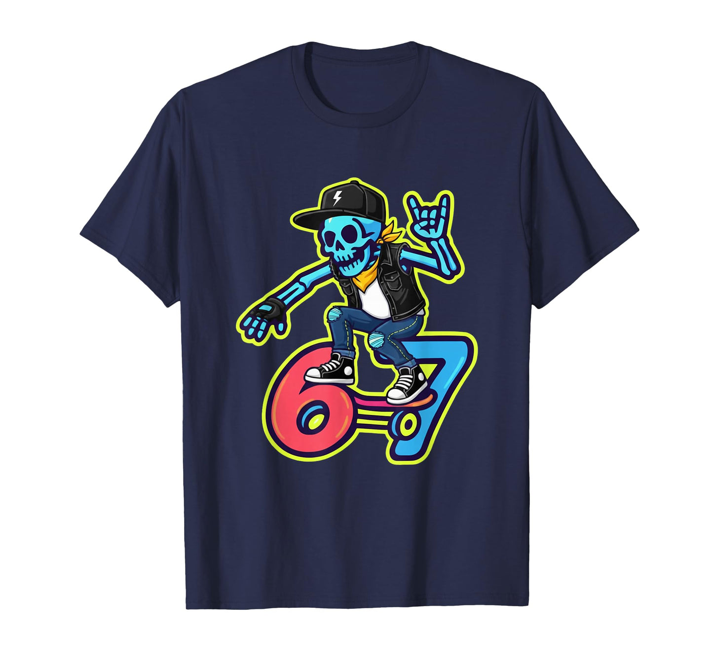 Funny 67 Skeleton Skater Meme Retro Skateboarding Mens Boys T-Shirt