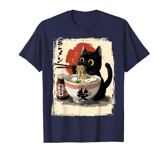 Cat Eating Ramen Funny Japanese Noodle T-Shirt