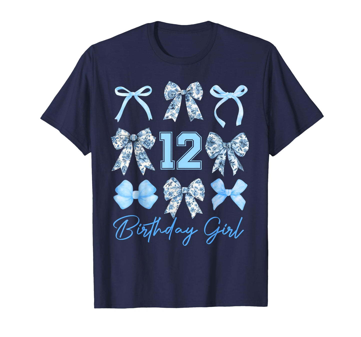 12th Birthday Girl Blue Toile Coquette Bow 12 Year Old T-Shirt