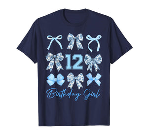 12th Birthday Girl Blue Toile Coquette Bow 12 Year Old T-Shirt