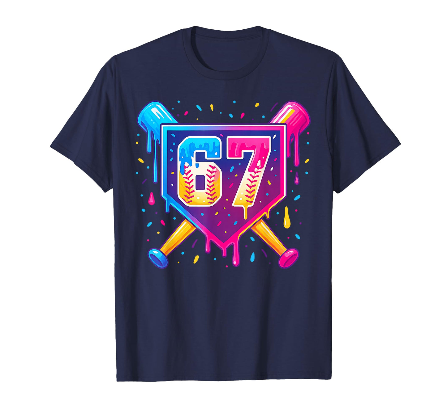 Baseball Number 67 Drip Neon Retro Sports Design T-Shirt