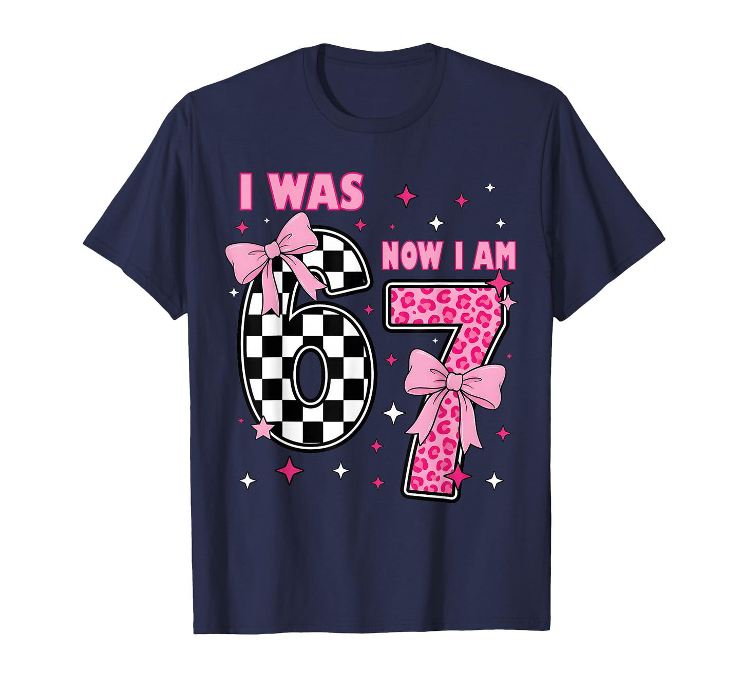 I was 6 Now I Am 7 Coquette Checkered Leopard Birthday Girl T-Shirt