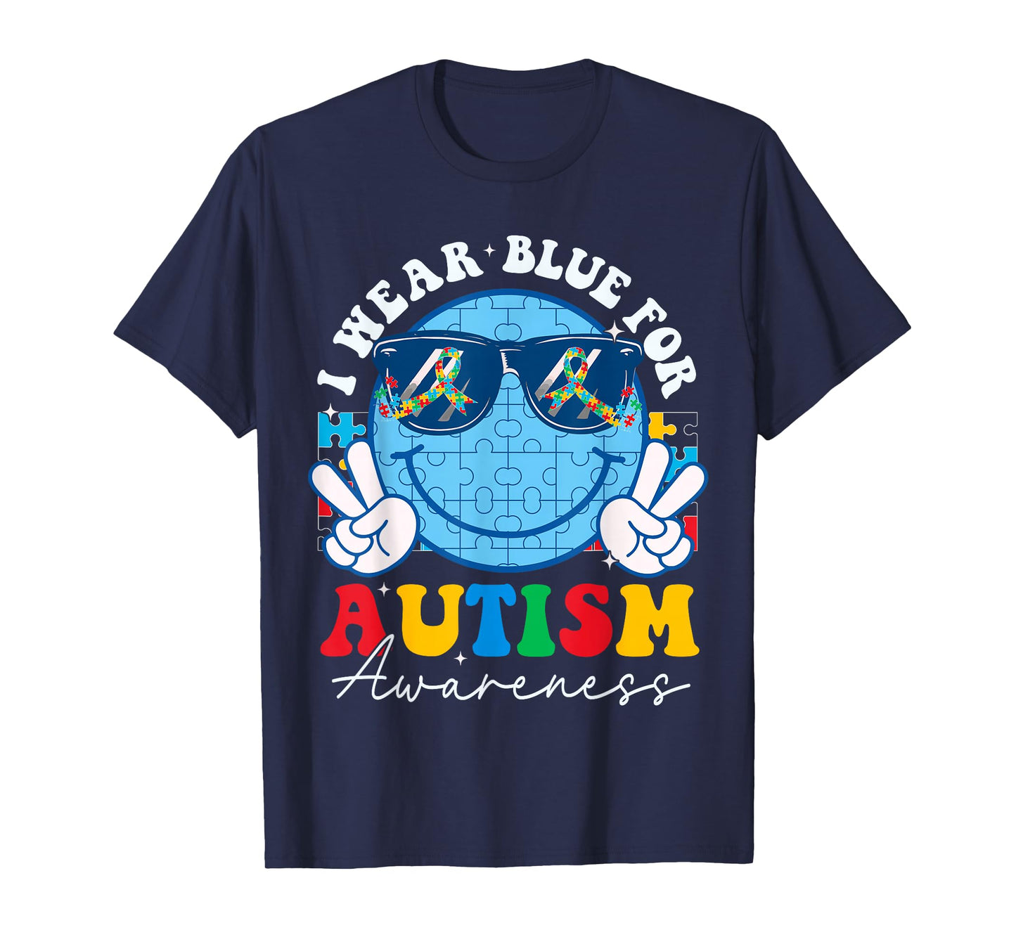 Autism Awareness Month I Wear Blue Teacher Kids Smile Face T-Shirt