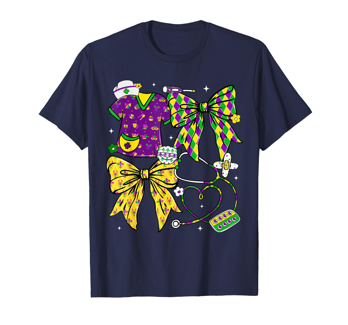 Nurse Mardi Gras Stethoscope Coquette Bow Nicu Girl Women T-Shirt