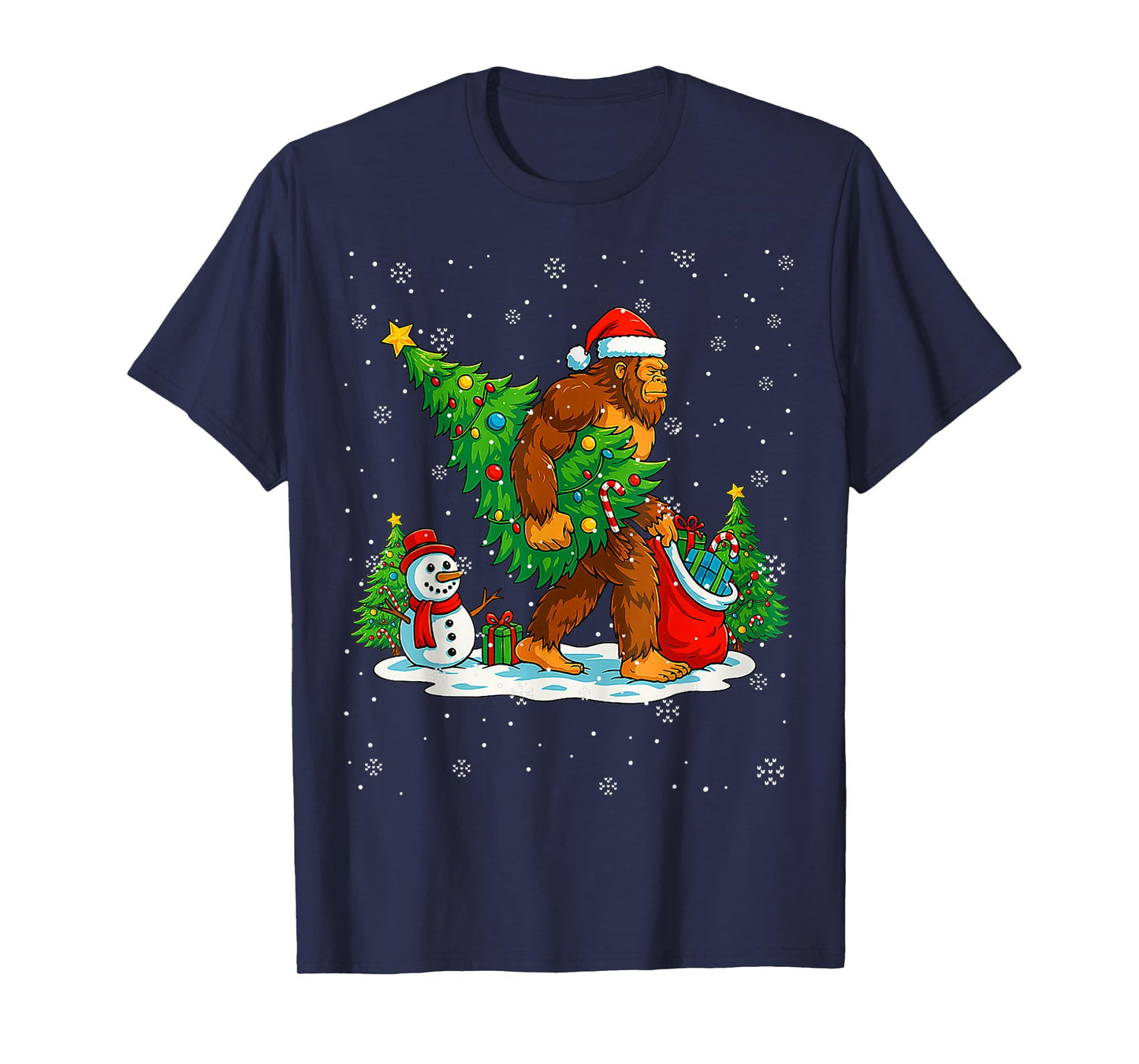 Santa Bigfoot Christmas Tree Xmas Lights Funny Sasquatch Men T-Shirt