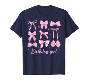 Birthday Girl Coquette Pink Toile Bow for Girl Kids T-Shirt