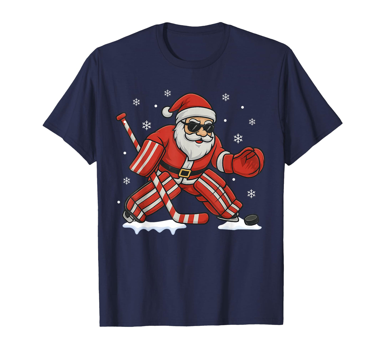 Santa Playing Ice Hockey Goalie Christmas T-Shirt