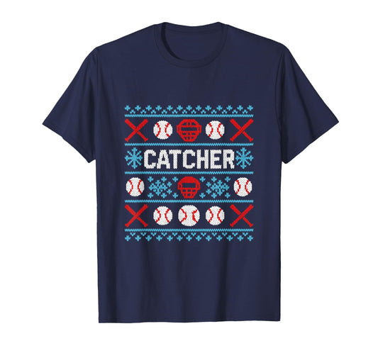 Baseball Catcher Ugly Christmas Sweater Pattern Sports Xmas T-Shirt