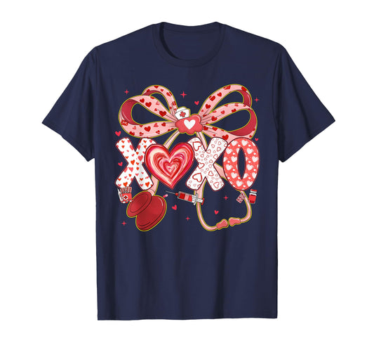 XOXO Stethoscope Valentine RN PCT CNA Nurse Red Bow Women T-Shirt