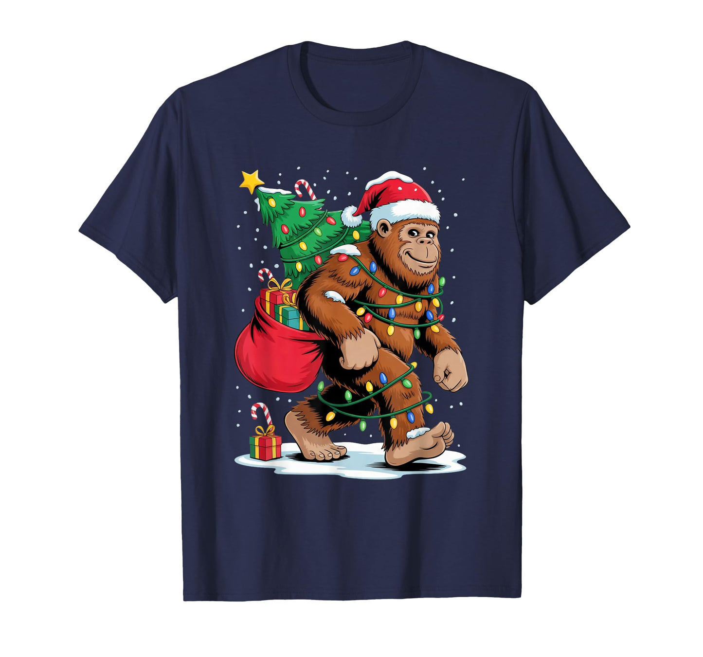 Funny Bigfoot Christmas Tree Lights Santa Sasquatch Shirt T-Shirt