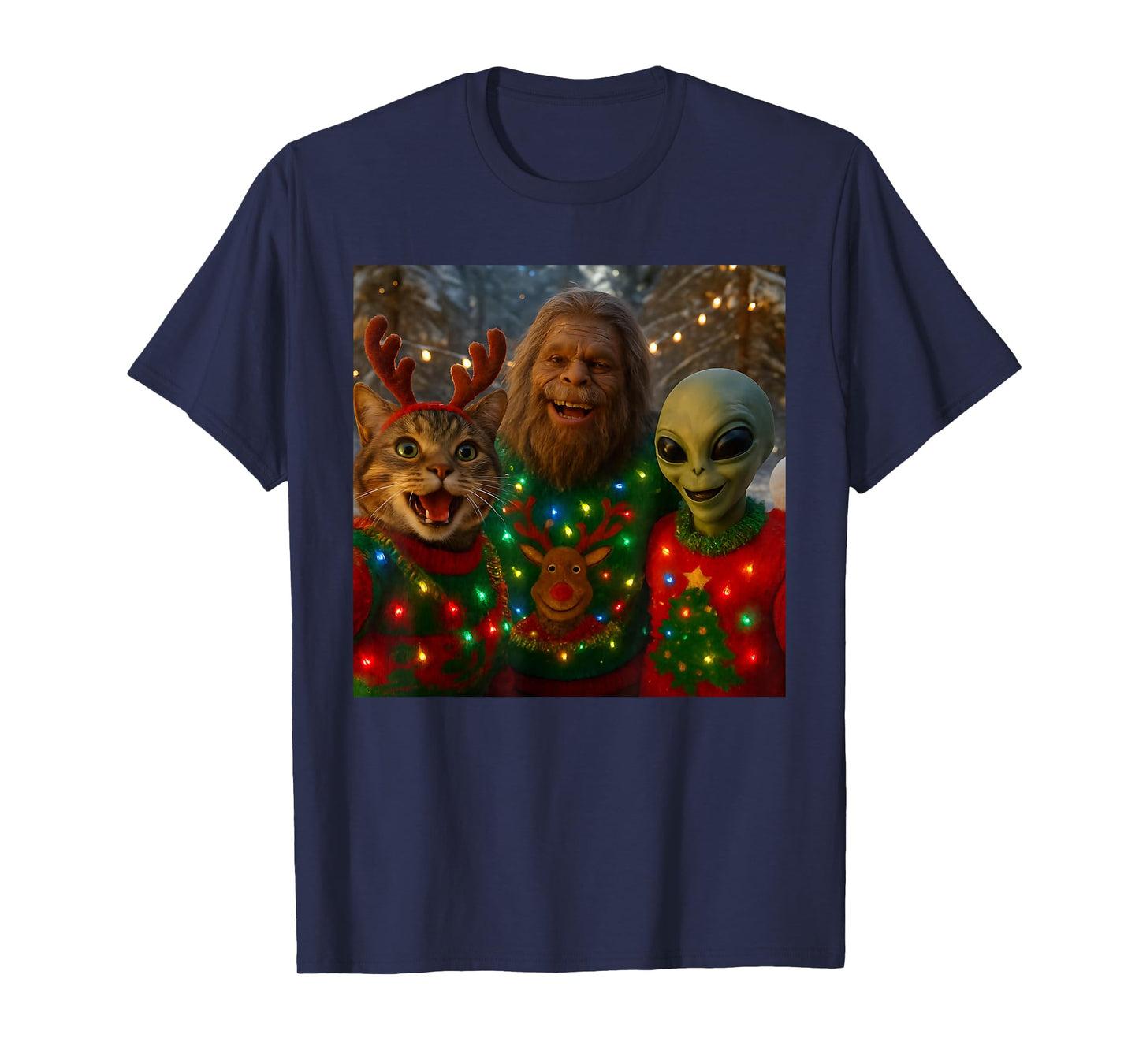 Funny Christmas Cat Selfie with Bigfoot Alien Ugly Sweater T-Shirt