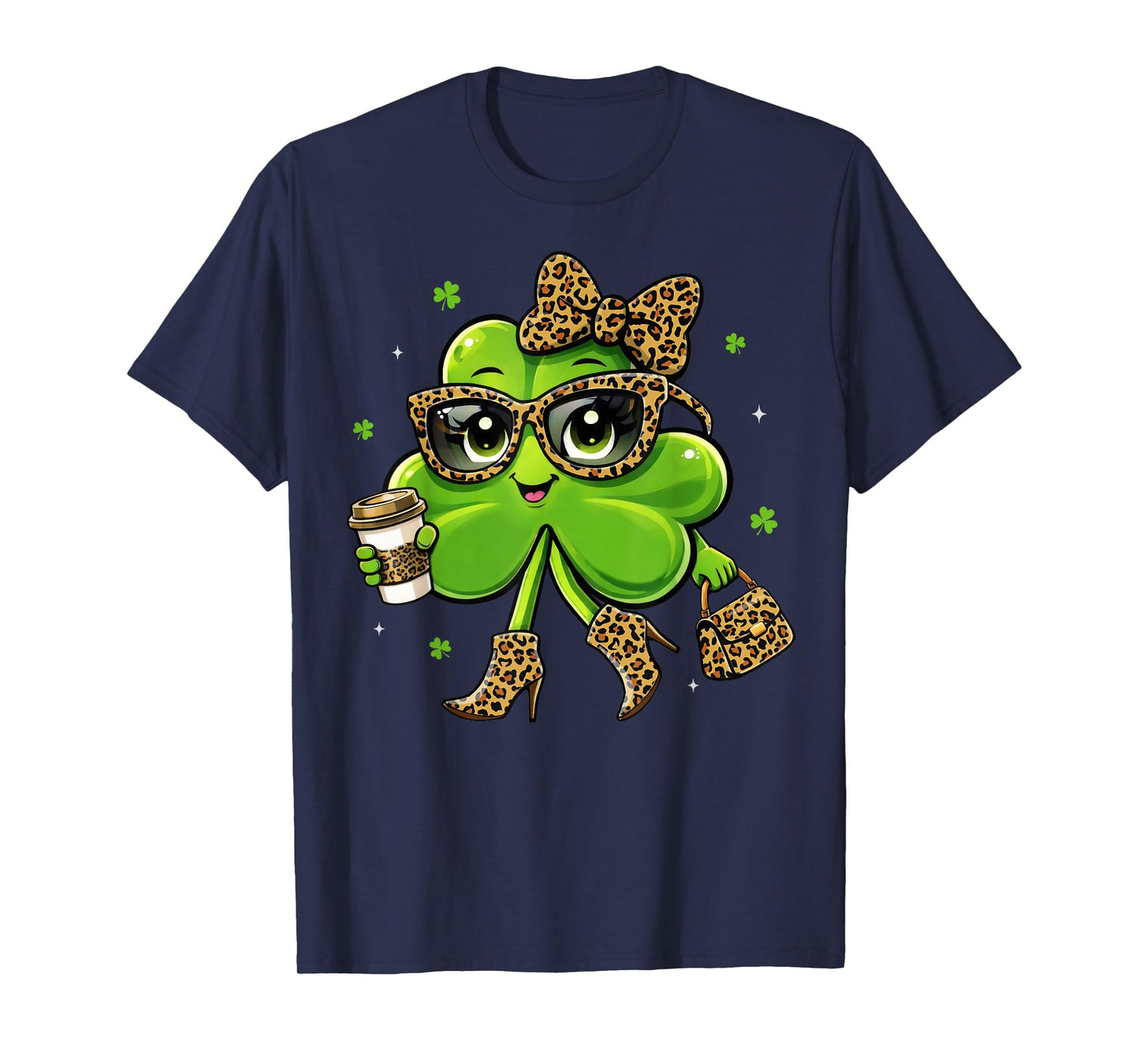 Leopard Shamrock Drinking Coffee St Patricks Day Women Girls T-Shirt