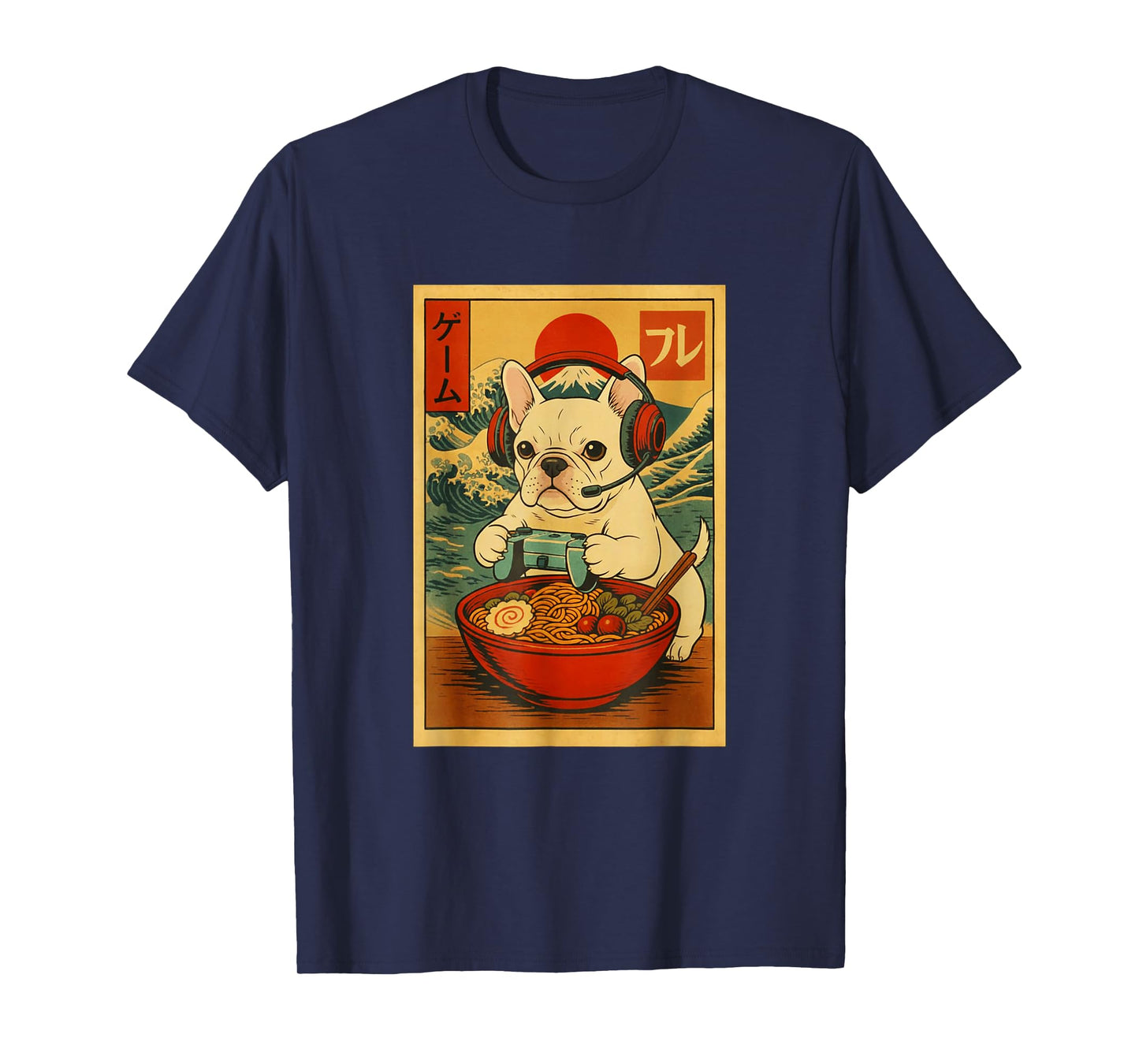 French Bulldog Dog Gaming Ramen Ukiyo-e Great Wave Retro Art T-Shirt