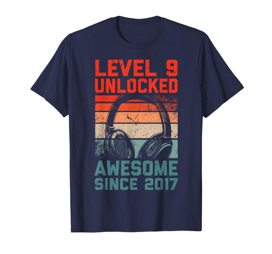 Level 9 Unlocked Awesome Since 2017 9th Birthday Gaming T-Shirt