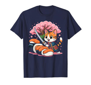 Kawaii Samurai Cat Sushi Funny Japanese Food Lovers T-Shirt