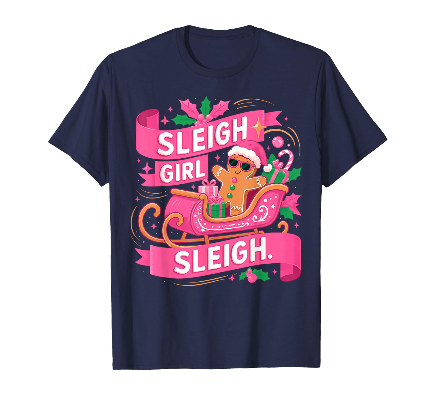 Gingerbread Sleigh Girl Pink Funny Christmas Women Girls T-Shirt