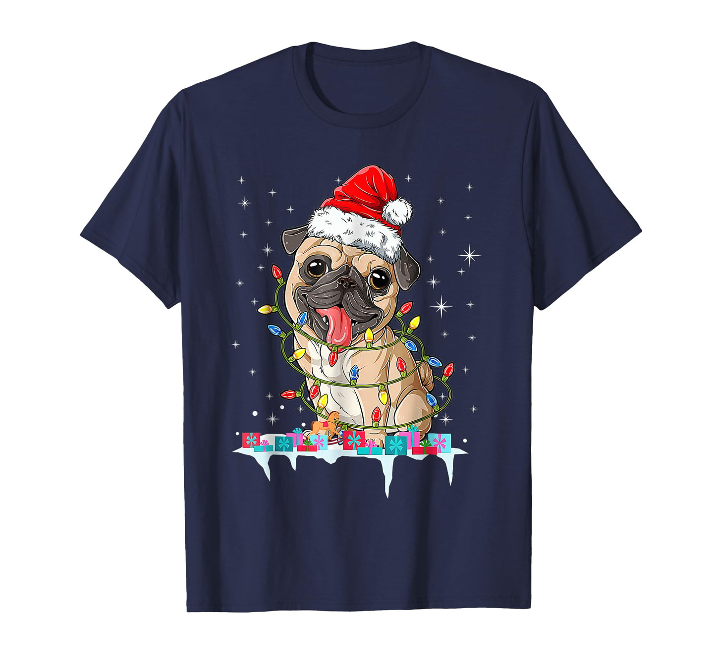 Pug Christmas Tree Lights Santa Dog Xmas T-Shirt
