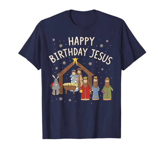 Nativity Happy Birthday Jesus Christmas Christian T-Shirt