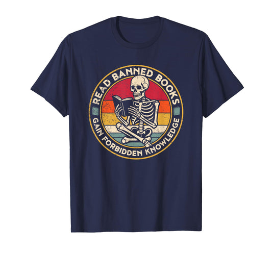 Funny Read Banned Books Retro Book Lover Reading Skeleton T-Shirt