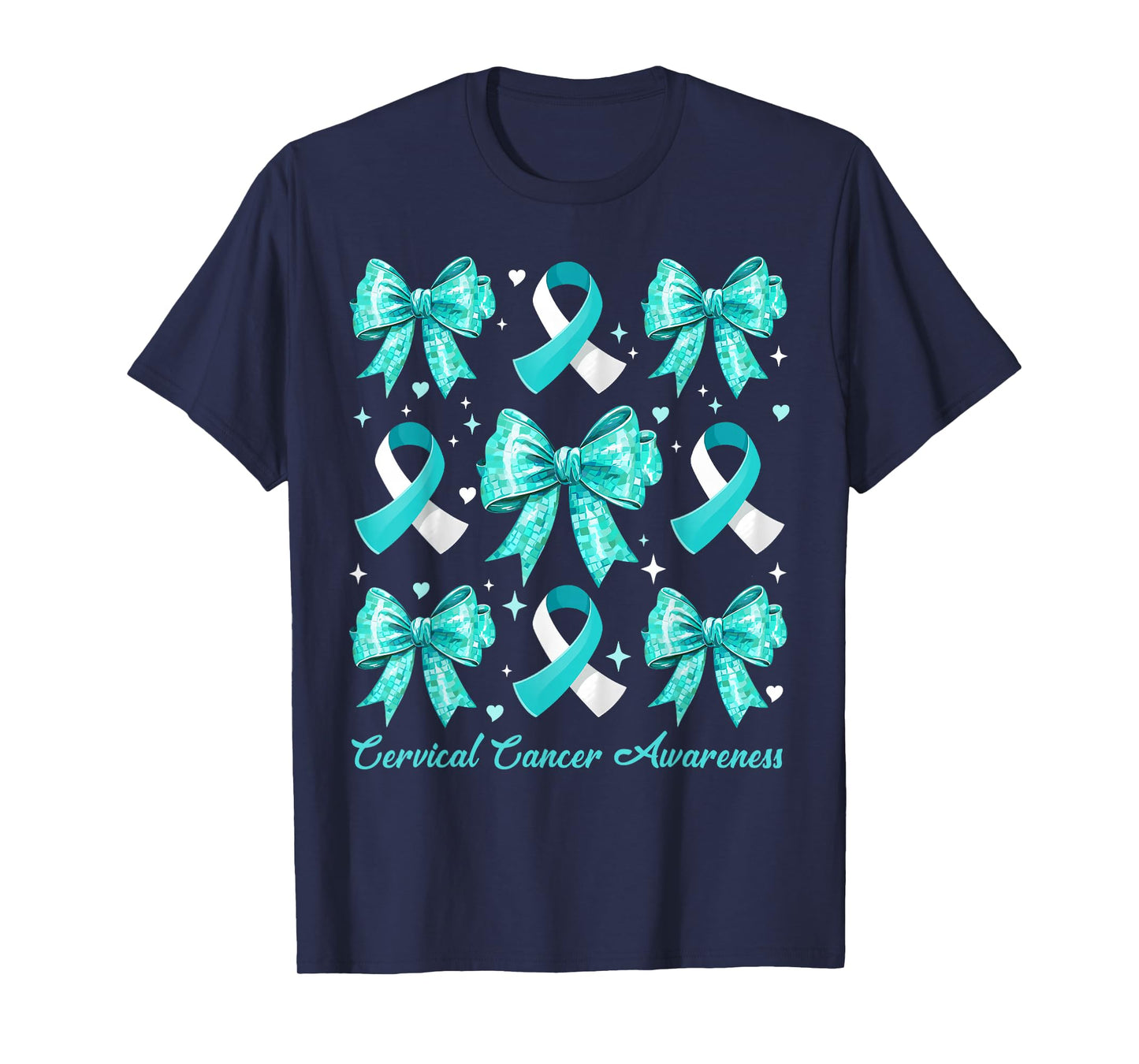 Teal and White Ribbon Coquette Bow Cervical Cancer Awareness T-Shirt