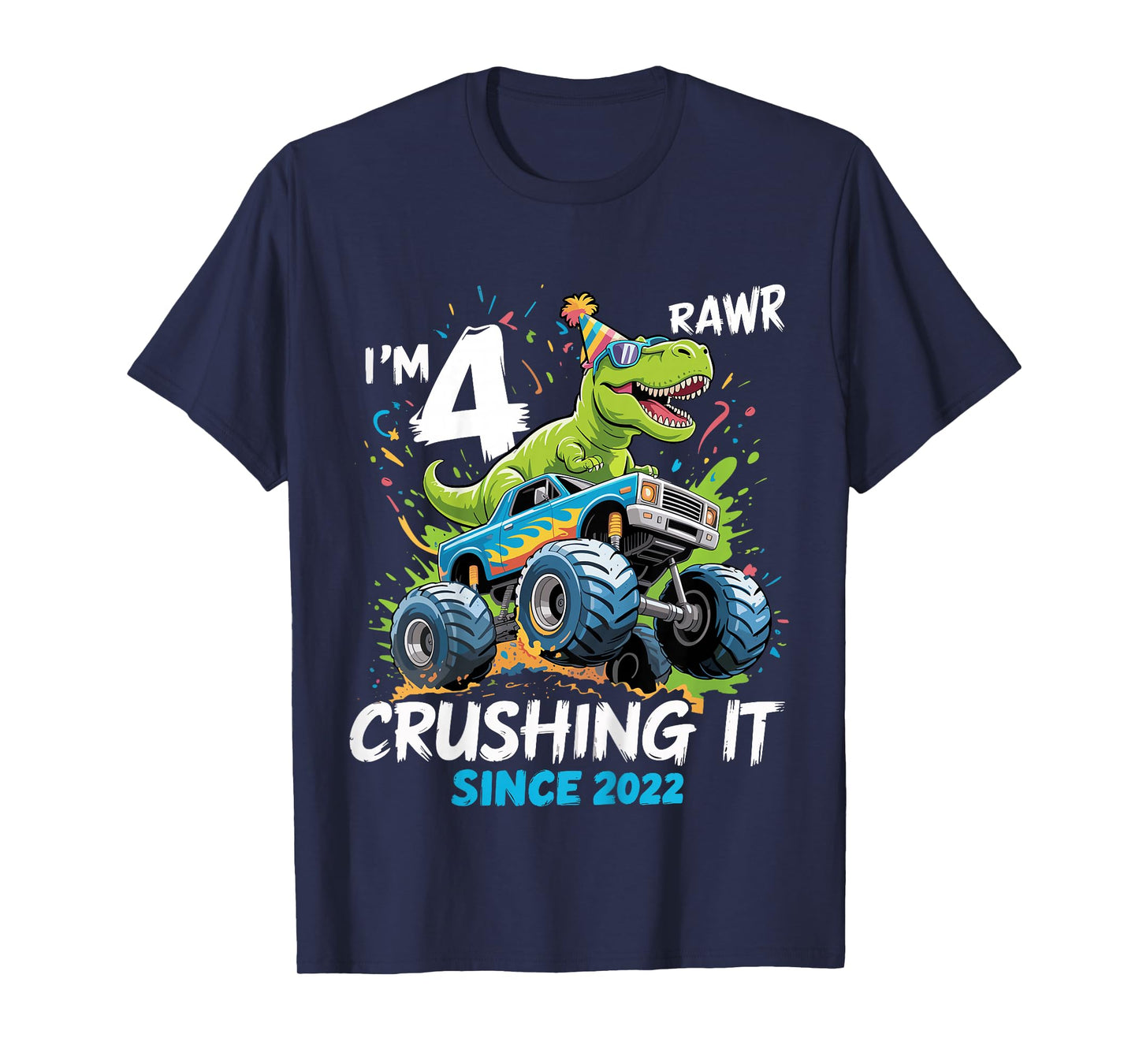 Kids 4th Birthday Monster Truck Dinosaur 4 Year Old boy Born 2022 T-Shirt