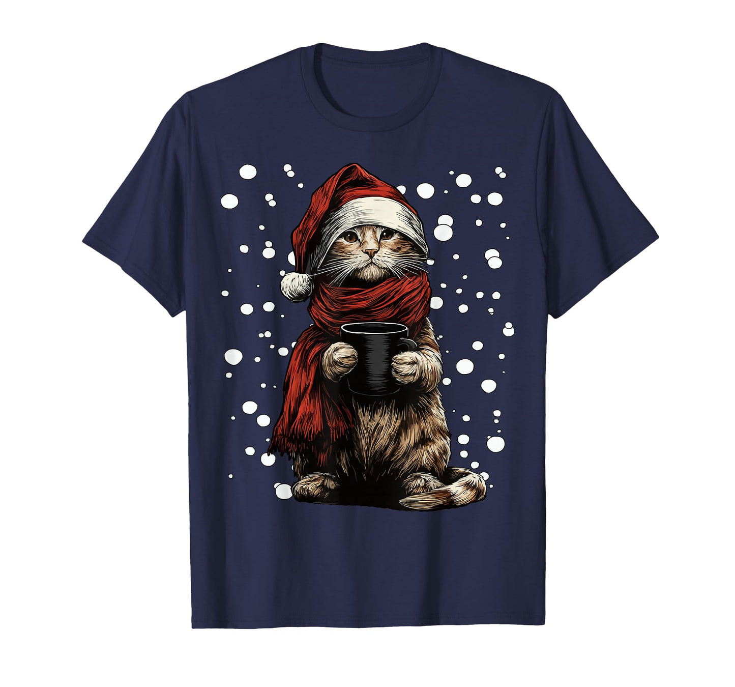 Christmas Tabby Cat with Santa Hat Coffee Lover Funny Kitten T-Shirt