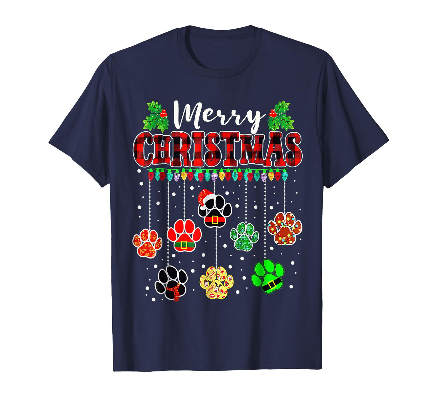 Merry Christmas Lights Dog Paw Red Plaid T-Shirt