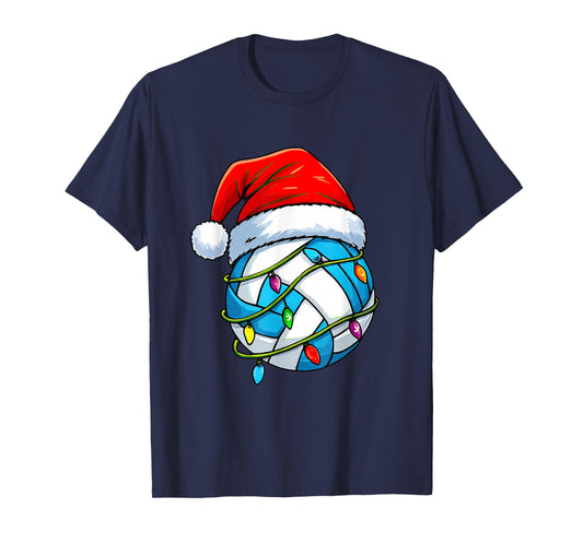 Volleyball Christmas Lights Santa Hat Sports Lover Game Day T-Shirt